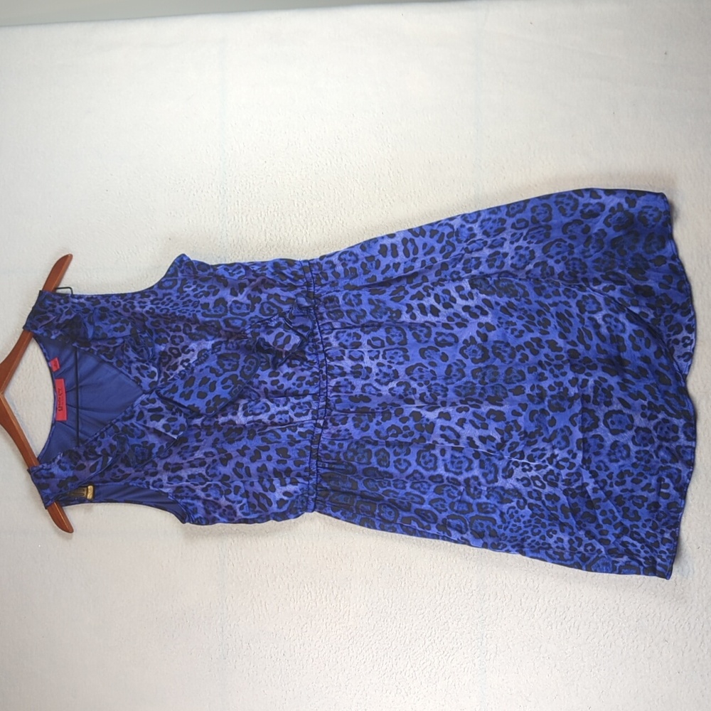 Belle Gray Lisa Rinna Blue Leopard Print Ruffle‎ Satin Cinched Waist Dress M